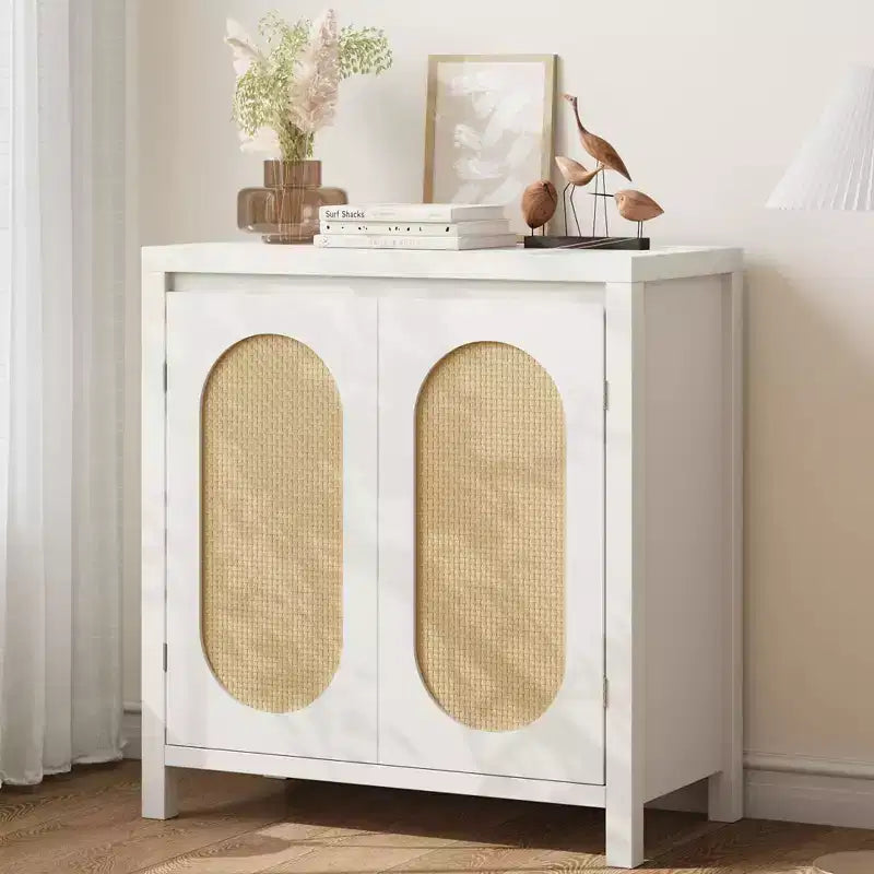Buffet en teck Mid-Century - Meuble de rangement rétro 30" avec portes en rotin et étagères réglables, Console d'appoint Bohème Chic pour Salon