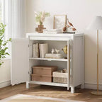 Buffet en teck Mid-Century - Meuble de rangement rétro 30" avec portes en rotin et étagères réglables, Console d'appoint Bohème Chic pour Salon