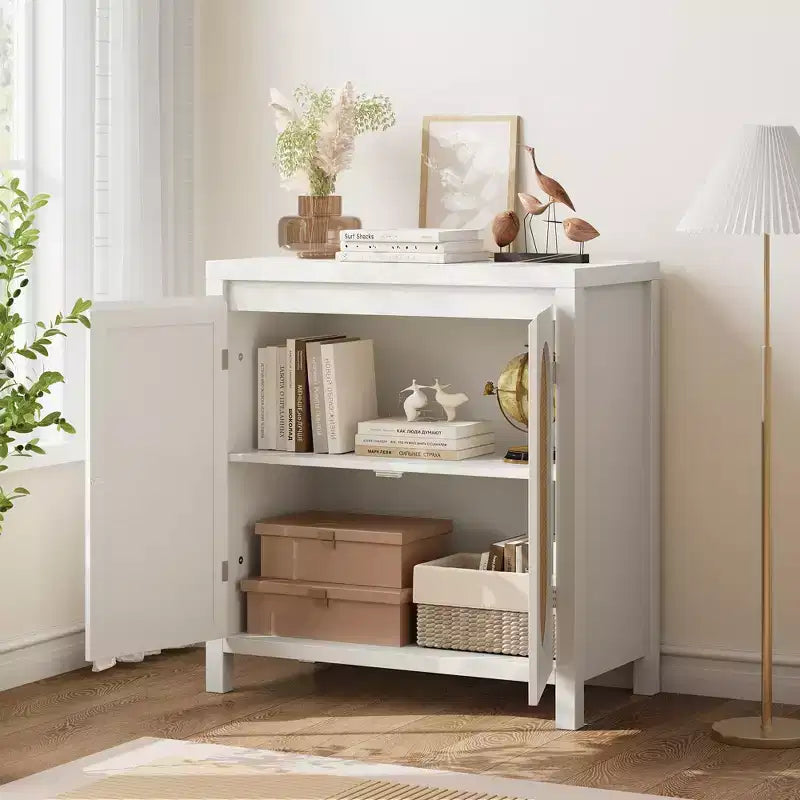 Buffet en teck Mid-Century - Meuble de rangement rétro 30" avec portes en rotin et étagères réglables, Console d'appoint Bohème Chic pour Salon