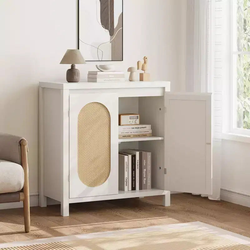 Buffet en teck Mid-Century - Meuble de rangement rétro 30" avec portes en rotin et étagères réglables, Console d'appoint Bohème Chic pour Salon