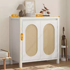 Buffet en teck Mid-Century - Meuble de rangement rétro 30" avec portes en rotin et étagères réglables, Console d'appoint Bohème Chic pour Salon