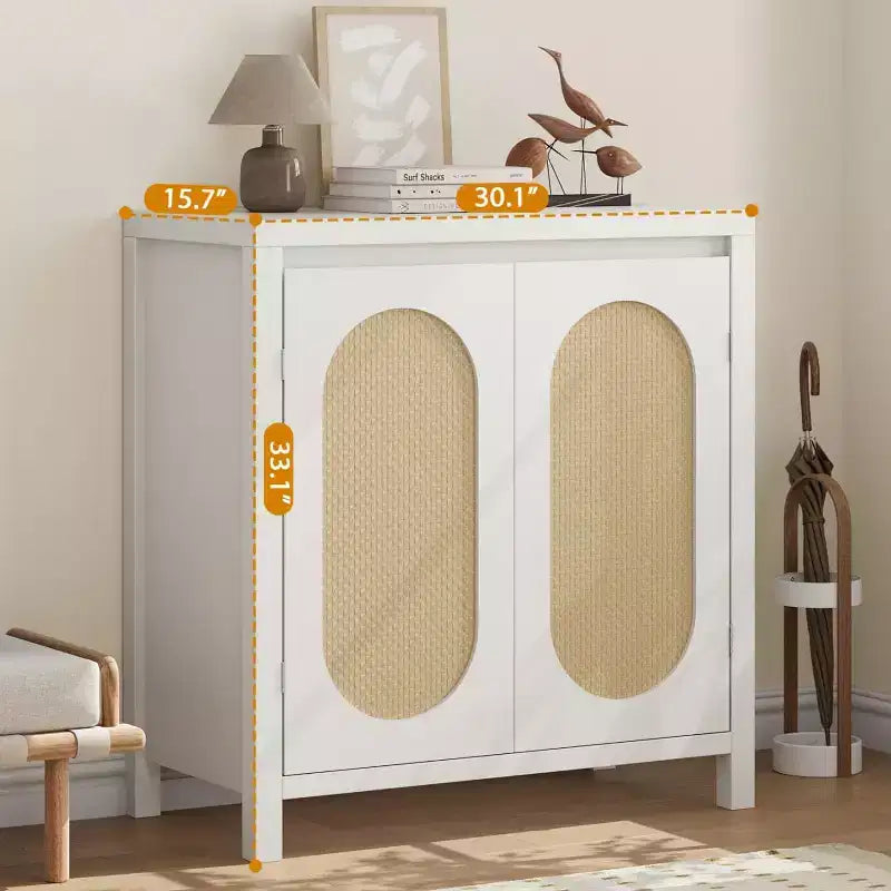 Buffet en teck Mid-Century - Meuble de rangement rétro 30" avec portes en rotin et étagères réglables, Console d'appoint Bohème Chic pour Salon