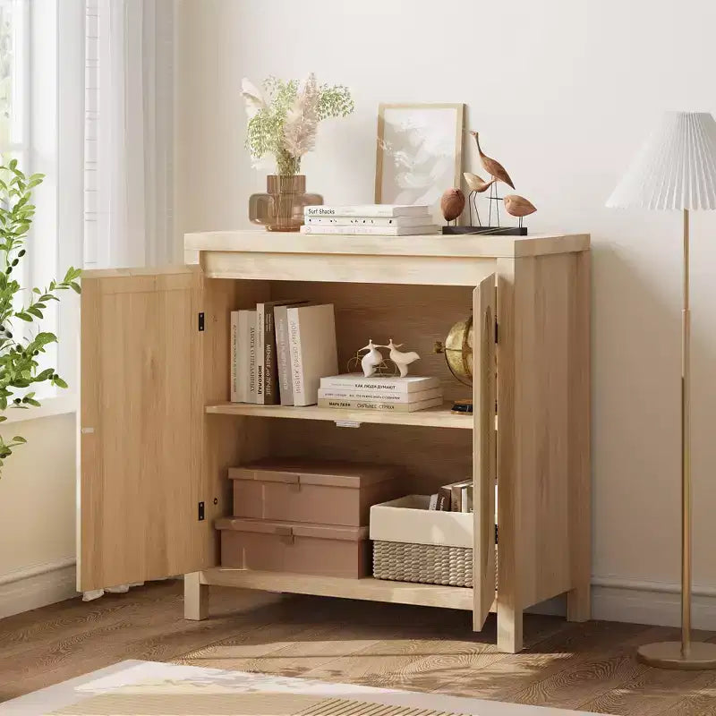Buffet en teck Mid-Century - Meuble de rangement rétro 30" avec portes en rotin et étagères réglables, Console d'appoint Bohème Chic pour Salon
