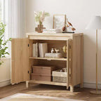 Buffet en teck Mid-Century - Meuble de rangement rétro 30" avec portes en rotin et étagères réglables, Console d'appoint Bohème Chic pour Salon