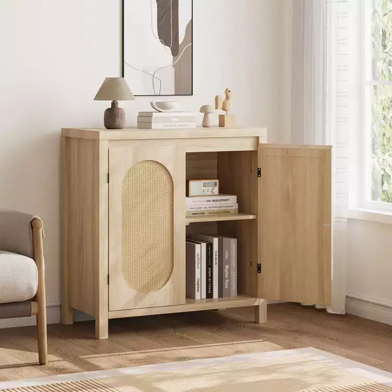 Buffet en teck Mid-Century - Meuble de rangement rétro 30" avec portes en rotin et étagères réglables, Console d'appoint Bohème Chic pour Salon