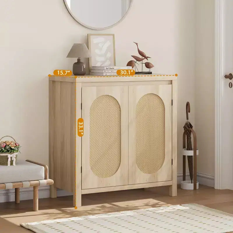 Buffet en teck Mid-Century - Meuble de rangement rétro 30" avec portes en rotin et étagères réglables, Console d'appoint Bohème Chic pour Salon