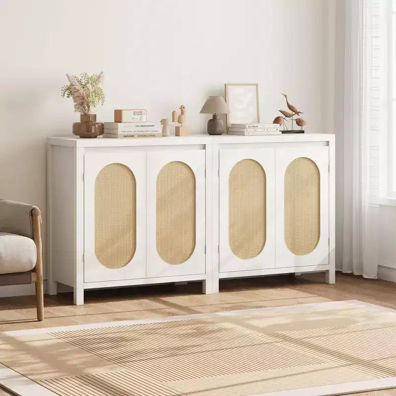 Buffet en teck Mid-Century - Meuble de rangement rétro 30" avec portes en rotin et étagères réglables, Console d'appoint Bohème Chic pour Salon