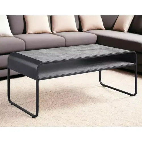 Table basse traîneau avec étagère en béton et métal gris et noir