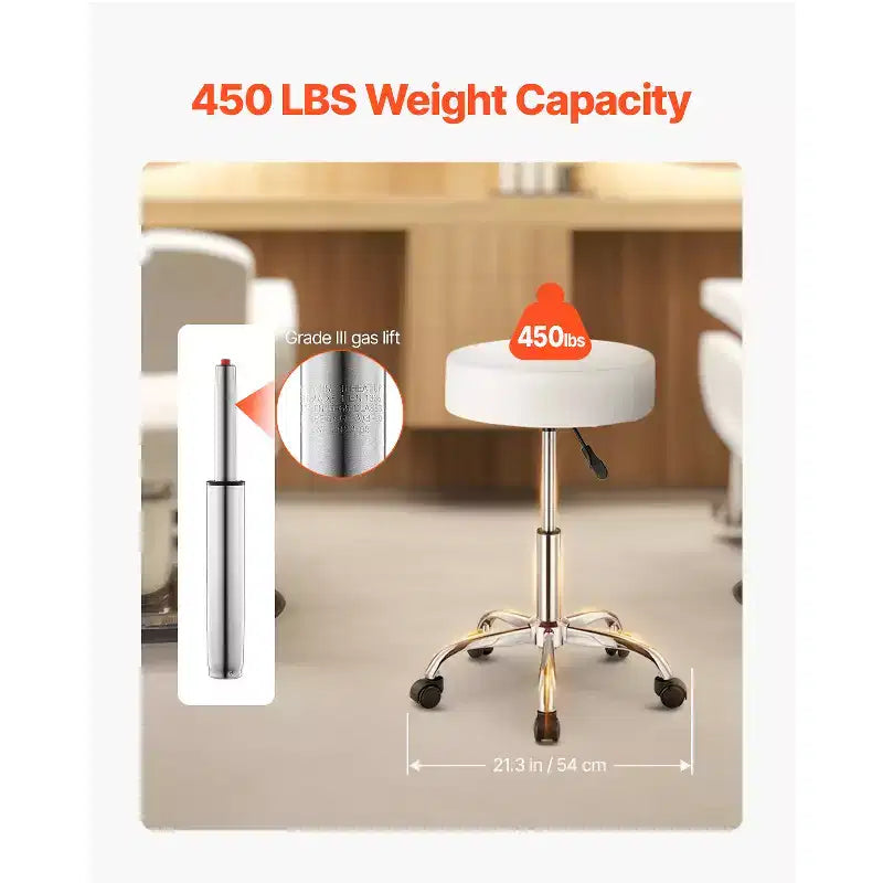 Tabouret roulant à roulettes, capacité de poids de 204 kg, siège de tabouret roulant rond, hauteur réglable, tabouret pivotant en cuir PU épaissi, blanc