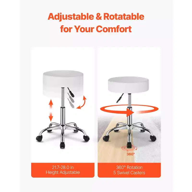 Tabouret roulant à roulettes, capacité de poids de 204 kg, siège de tabouret roulant rond, hauteur réglable, tabouret pivotant en cuir PU épaissi, blanc