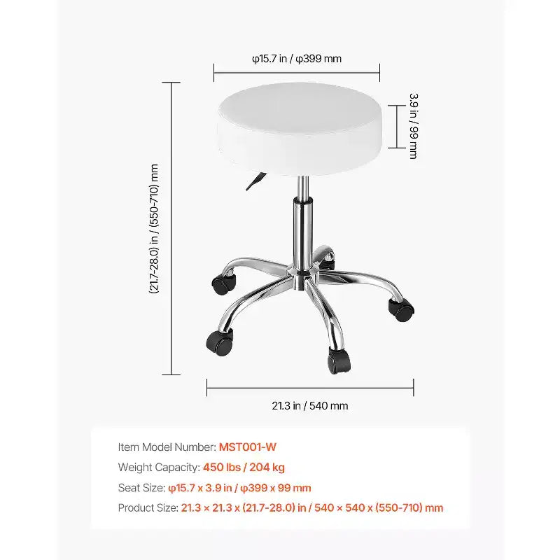 Tabouret roulant à roulettes, capacité de poids de 204 kg, siège de tabouret roulant rond, hauteur réglable, tabouret pivotant en cuir PU épaissi, blanc