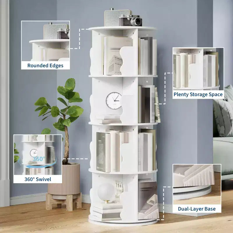 Bibliothèque tournante à 4 niveaux, étagère haute de 127 cm pour chambre d'enfant, bibliothèque en bois pivotante à 360° pour bureau, maison, chambre à coucher, bureau
