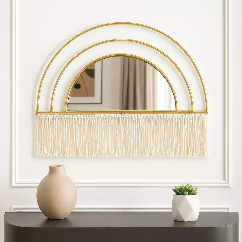 Miroir mural décoratif d'inspiration bohème-chic avec franges - Miroir mural arqué pour la chambre, la salle de bain et la décoration de dortoir - 17, doré