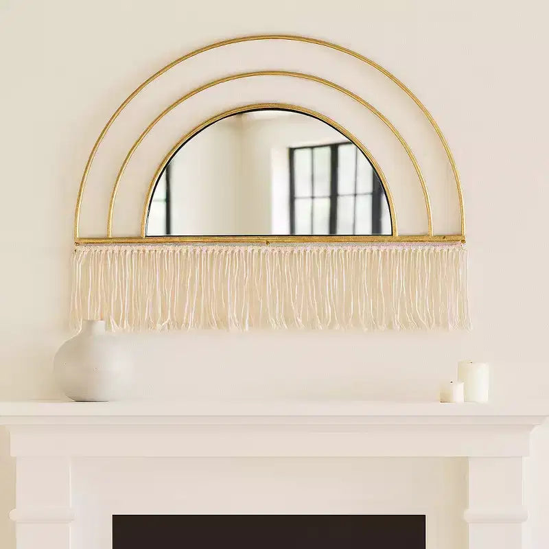 Miroir mural décoratif d'inspiration bohème-chic avec franges - Miroir mural arqué pour la chambre, la salle de bain et la décoration de dortoir - 17, doré