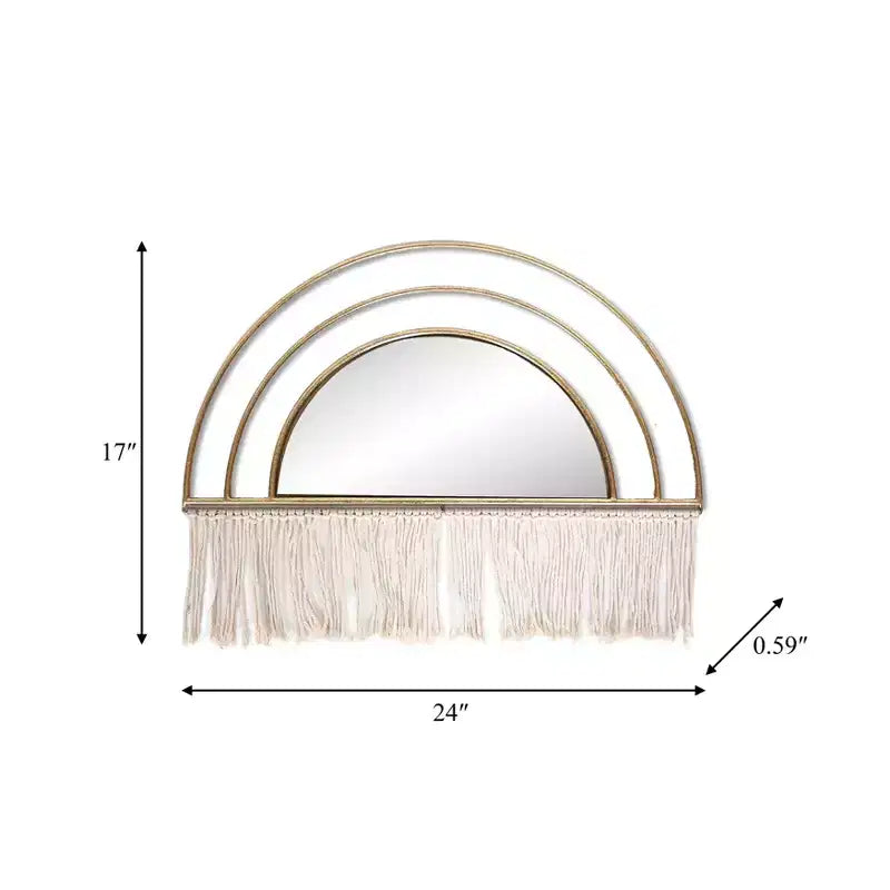 Miroir mural décoratif d'inspiration bohème-chic avec franges - Miroir mural arqué pour la chambre, la salle de bain et la décoration de dortoir - 17, doré
