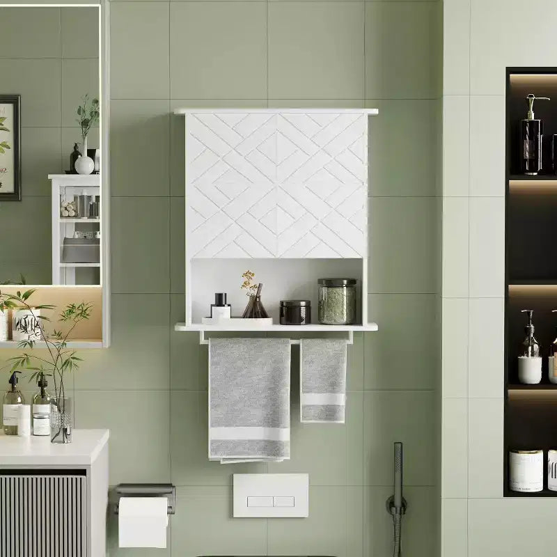 Armoire murale moderne, étagère en bois à 2 niveaux avec porte-serviettes et rangement réglable, parfaite pour salle de bain et cuisine