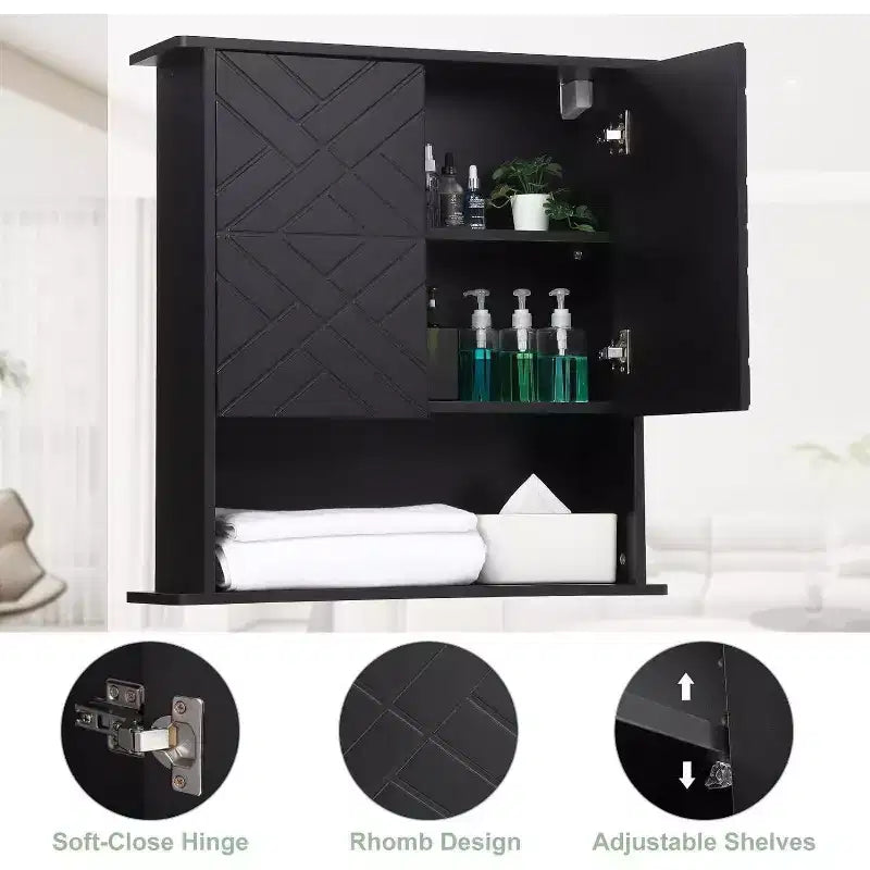 Armoire murale moderne, étagère en bois à 2 niveaux avec porte-serviettes et rangement réglable, parfaite pour salle de bain et cuisine