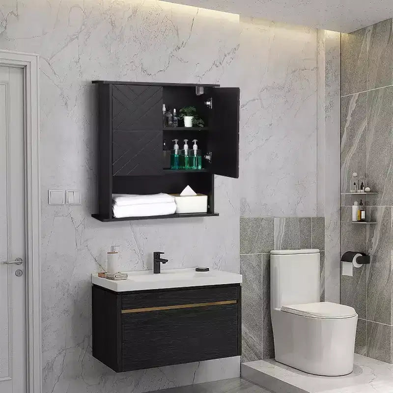 Armoire murale moderne, étagère en bois à 2 niveaux avec porte-serviettes et rangement réglable, parfaite pour salle de bain et cuisine