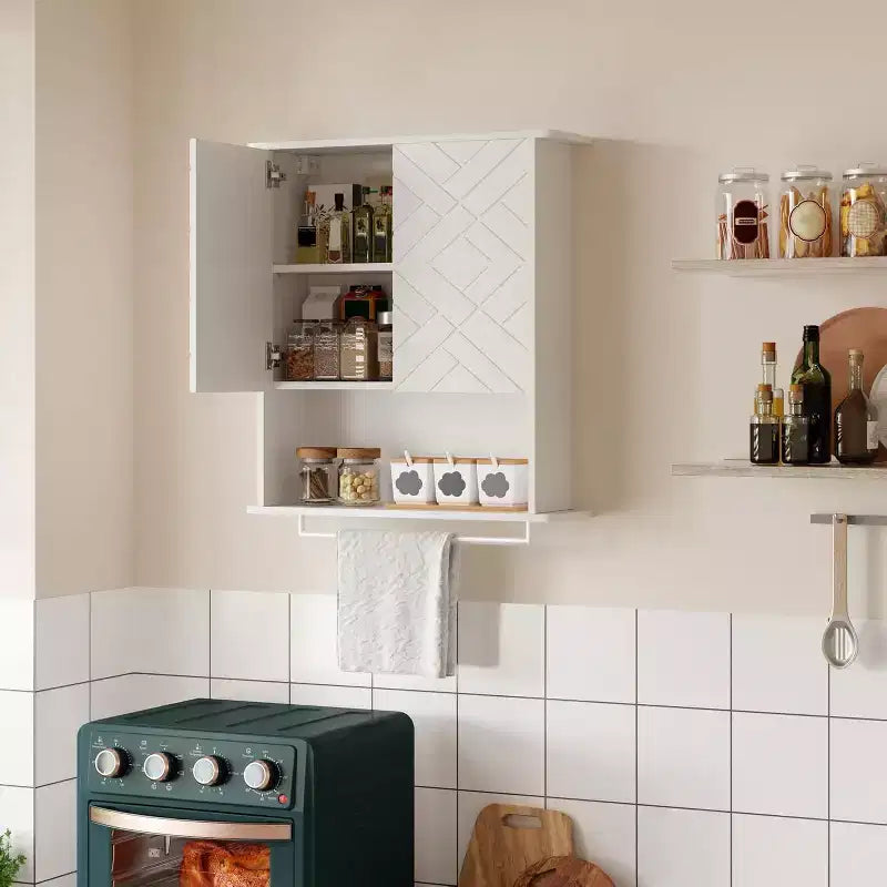 Armoire murale moderne, étagère en bois à 2 niveaux avec porte-serviettes et rangement réglable, parfaite pour salle de bain et cuisine