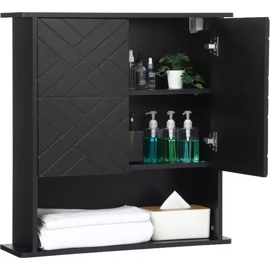 Modern Wall-Mounted Cabinet, 2-Tier Wood Shelf with Towel Bar & Adjustable Storage, Perfect for Bathroom & Kitchen
