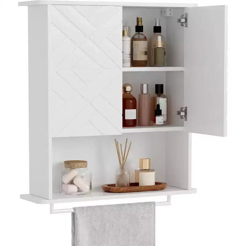 Armoire murale moderne, étagère en bois à 2 niveaux avec porte-serviettes et rangement réglable, parfaite pour salle de bain et cuisine