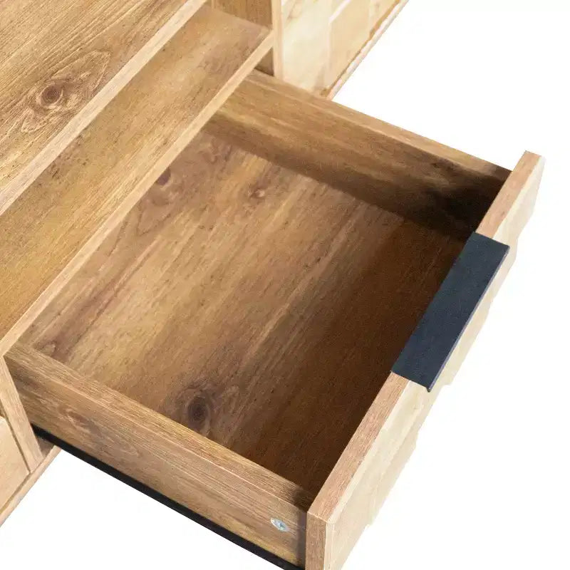 Meuble TV pour téléviseurs jusqu'à 85 pouces, Console média de divertissement avec rangement, Bois naturel