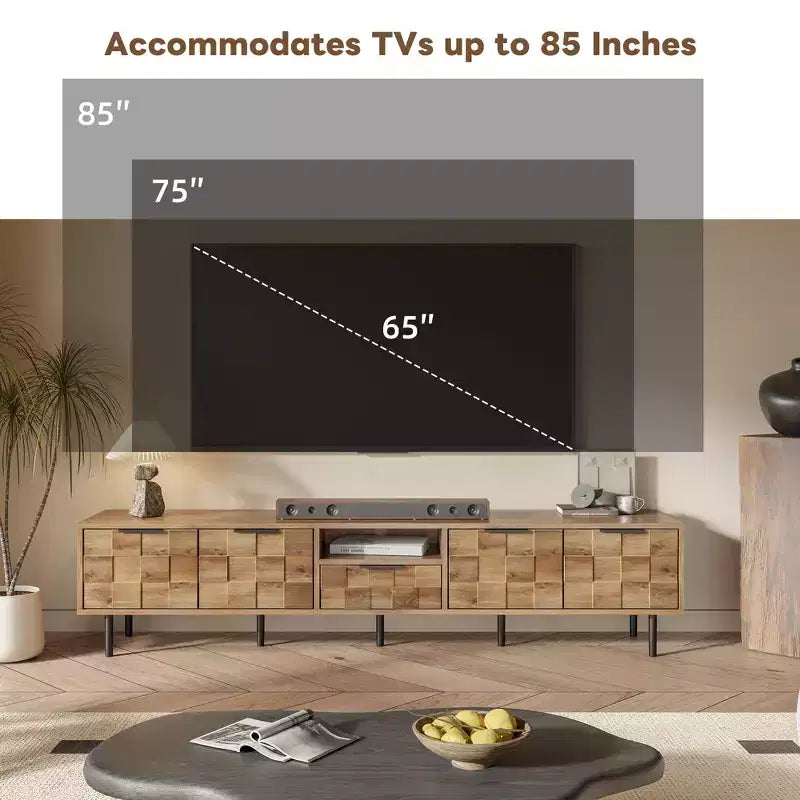 Meuble TV pour téléviseurs jusqu'à 85 pouces, Console média de divertissement avec rangement, Bois naturel