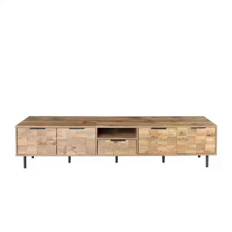 Meuble TV pour téléviseurs jusqu'à 85 pouces, Console média de divertissement avec rangement, Bois naturel