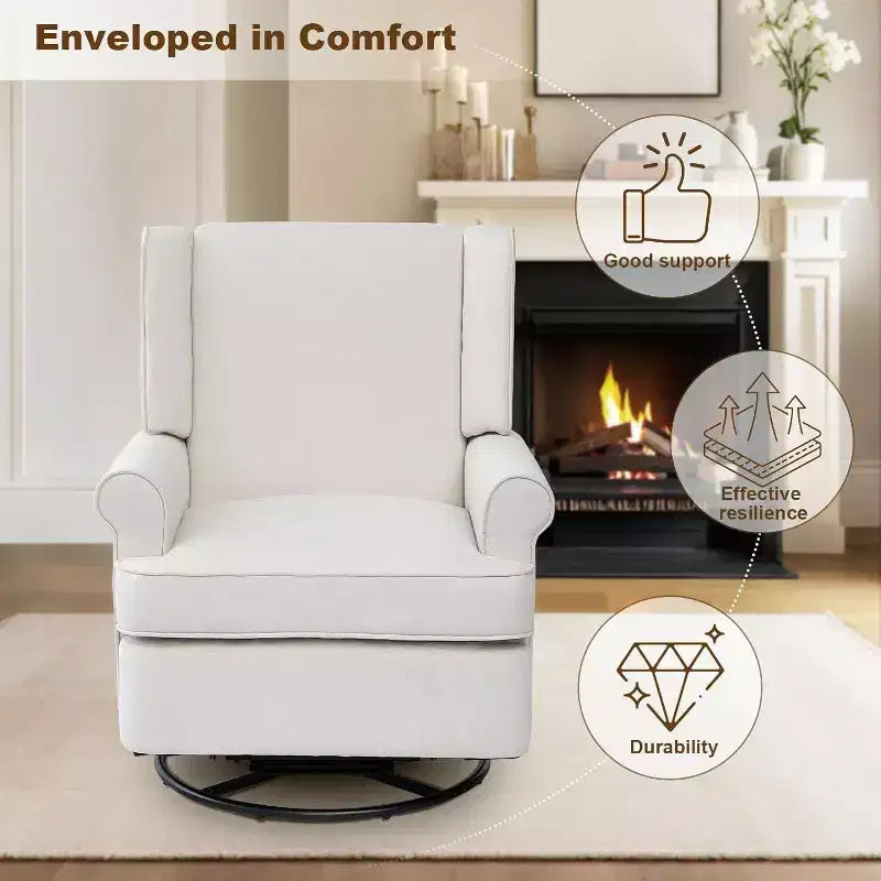 Fauteuil inclinable pivotant, petit fauteuil inclinable à bascule avec éponge haute densité, revêtement en coton et lin, bascule et pivotement à 360°, blanc