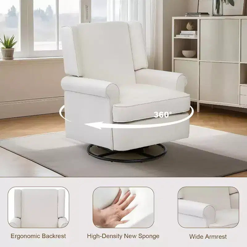Fauteuil inclinable pivotant, petit fauteuil inclinable à bascule avec éponge haute densité, revêtement en coton et lin, bascule et pivotement à 360°, blanc