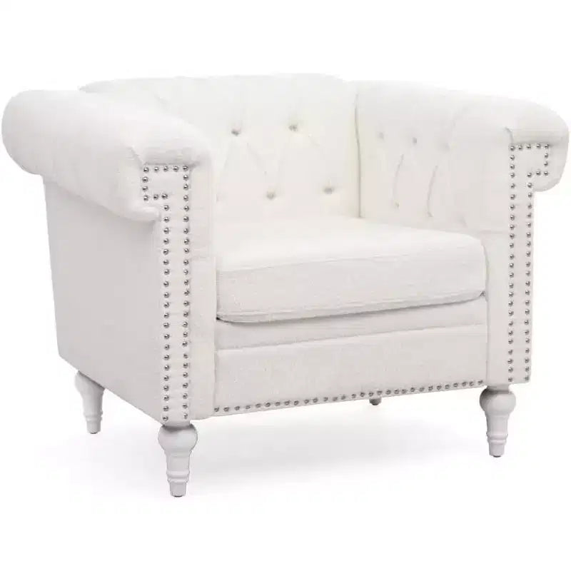 Acekool Arm Chair with Thick Padded Backrest & Seat, 22.4 Deep Single Sofa, Comfy White Fabric, Modern Accent Chair for Living Room, Bedroom