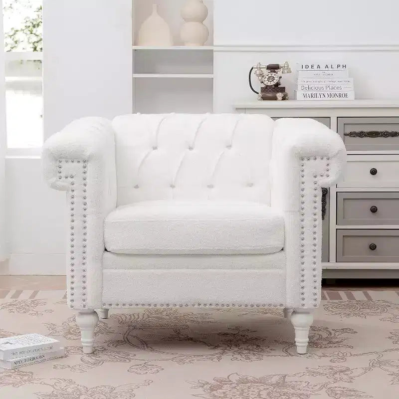Fauteuil avec dossier et assise épais et rembourrés, Canapé simple de 57 cm de profondeur, Tissu blanc confortable, Fauteuil d'appoint moderne pour salon, chambre à coucher