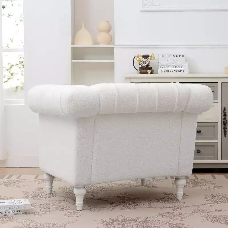 Fauteuil avec dossier et assise épais et rembourrés, Canapé simple de 57 cm de profondeur, Tissu blanc confortable, Fauteuil d'appoint moderne pour salon, chambre à coucher
