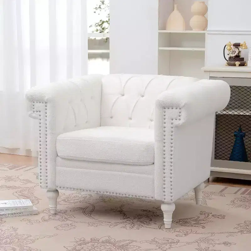 Fauteuil avec dossier et assise épais et rembourrés, Canapé simple de 57 cm de profondeur, Tissu blanc confortable, Fauteuil d'appoint moderne pour salon, chambre à coucher