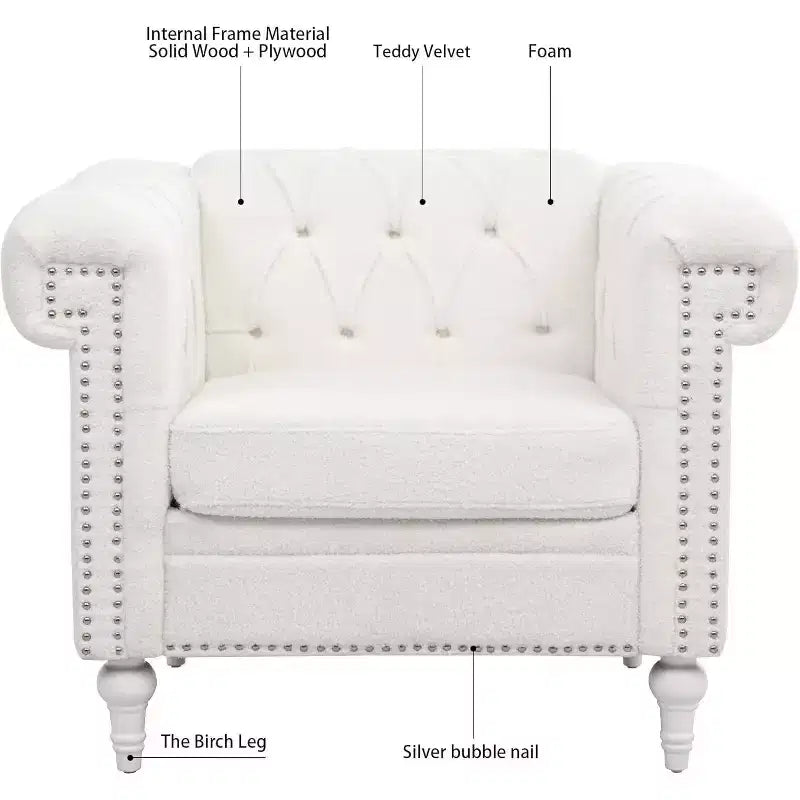 Fauteuil avec dossier et assise épais et rembourrés, Canapé simple de 57 cm de profondeur, Tissu blanc confortable, Fauteuil d'appoint moderne pour salon, chambre à coucher