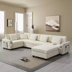 Canapé d'angle en chenille en forme de U 6 places de 128 x 67 pouces avec pouf, rangement, porte-gobelets et ports USB
