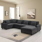 Canapé d'angle en chenille en forme de U 6 places de 128 x 67 pouces avec pouf, rangement, porte-gobelets et ports USB