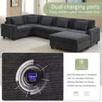 Canapé d'angle en chenille en forme de U 6 places de 128 x 67 pouces avec pouf, rangement, porte-gobelets et ports USB