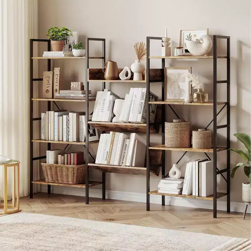 Étagère bibliothèque industrielle à 4 niveaux, triple largeur avec 11 étagères réglables, étagère de rangement rustique en bois et métal pour salon, chambre, bureau à domicile