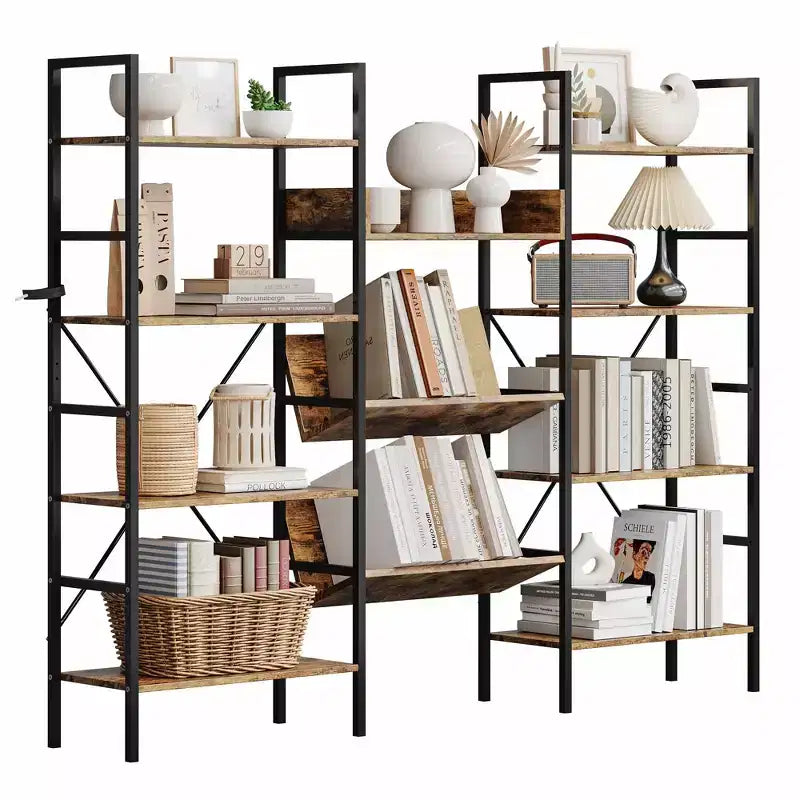 Étagère bibliothèque industrielle à 4 niveaux, triple largeur avec 11 étagères réglables, étagère de rangement rustique en bois et métal pour salon, chambre, bureau à domicile
