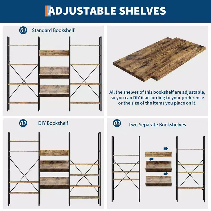 Étagère bibliothèque industrielle à 4 niveaux, triple largeur avec 11 étagères réglables, étagère de rangement rustique en bois et métal pour salon, chambre, bureau à domicile