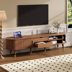 Meuble TV ovale cannelé en bois avec station de recharge pour téléviseurs jusqu'à 80 pouces, console multimédia de style Mid-Century avec porte coulissante à tambour