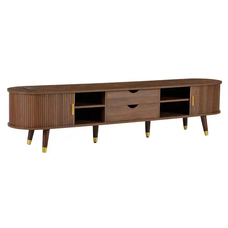 Meuble TV ovale cannelé en bois avec station de recharge pour téléviseurs jusqu'à 80 pouces, console multimédia de style Mid-Century avec porte coulissante à tambour