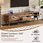 Meuble TV ovale cannelé en bois avec station de recharge pour téléviseurs jusqu'à 80 pouces, console multimédia de style Mid-Century avec porte coulissante à tambour