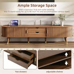 Meuble TV ovale cannelé en bois avec station de recharge pour téléviseurs jusqu'à 80 pouces, console multimédia de style Mid-Century avec porte coulissante à tambour