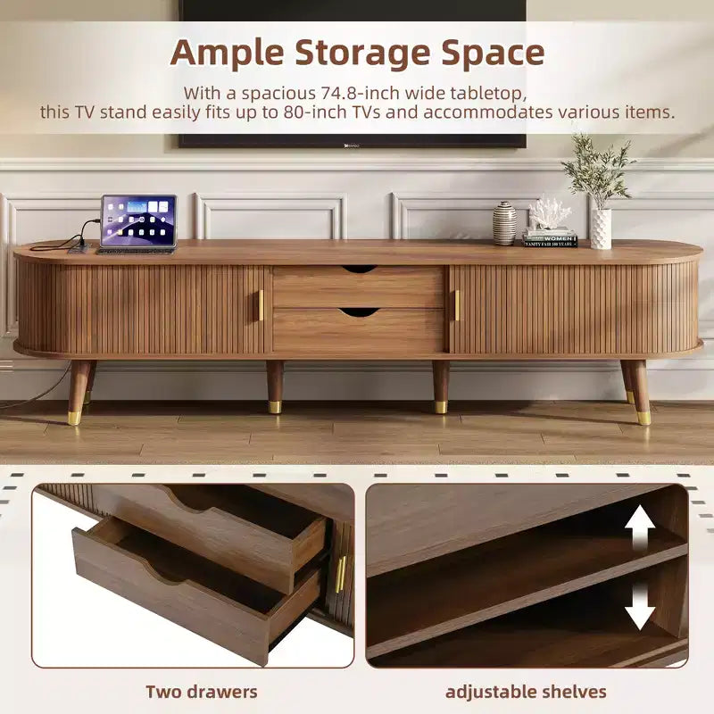 Meuble TV ovale cannelé en bois avec station de recharge pour téléviseurs jusqu'à 80 pouces, console multimédia de style Mid-Century avec porte coulissante à tambour