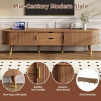 Meuble TV ovale cannelé en bois avec station de recharge pour téléviseurs jusqu'à 80 pouces, console multimédia de style Mid-Century avec porte coulissante à tambour