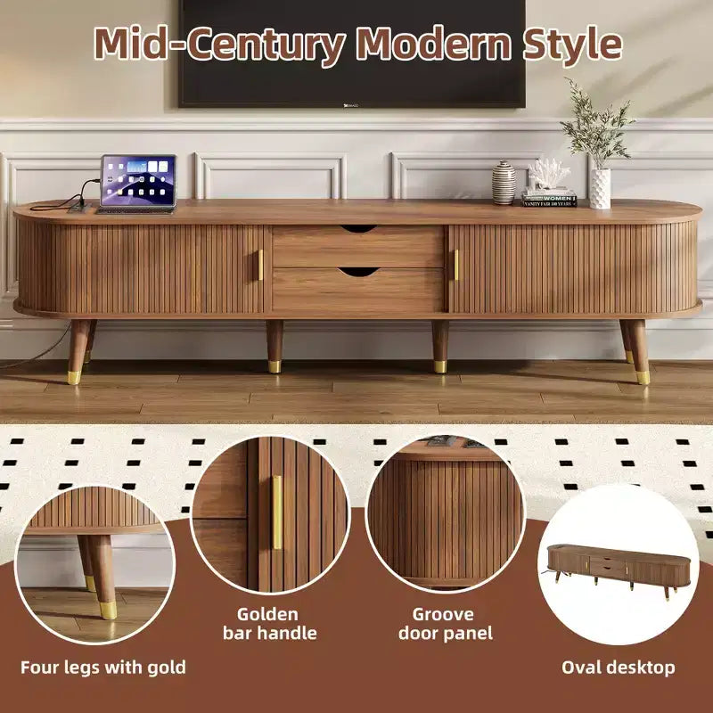 Meuble TV ovale cannelé en bois avec station de recharge pour téléviseurs jusqu'à 80 pouces, console multimédia de style Mid-Century avec porte coulissante à tambour