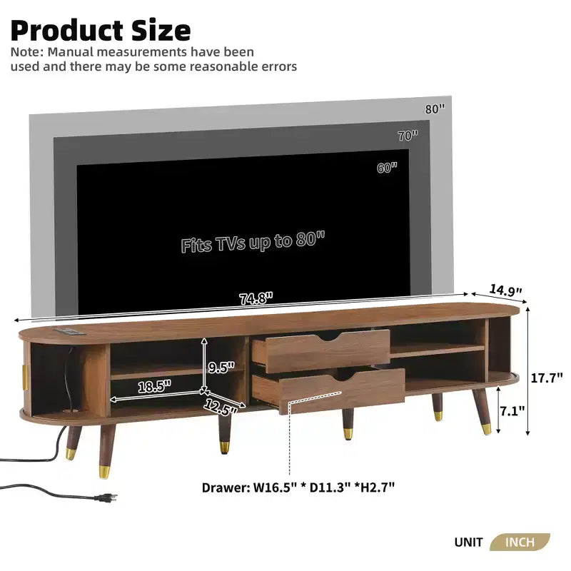 Meuble TV ovale cannelé en bois avec station de recharge pour téléviseurs jusqu'à 80 pouces, console multimédia de style Mid-Century avec porte coulissante à tambour