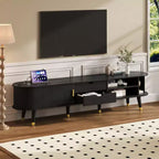 Meuble TV ovale cannelé en bois avec station de recharge pour téléviseurs jusqu'à 80 pouces, console multimédia de style Mid-Century avec porte coulissante à tambour